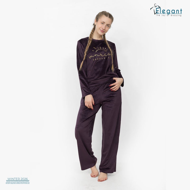 Elegant WIDE LEG Velvet Embroidery Pyjama - Purple-Sunrise - Image 3